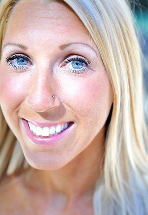 Cheerful blonde housewife displaying that perfect pussy up close
